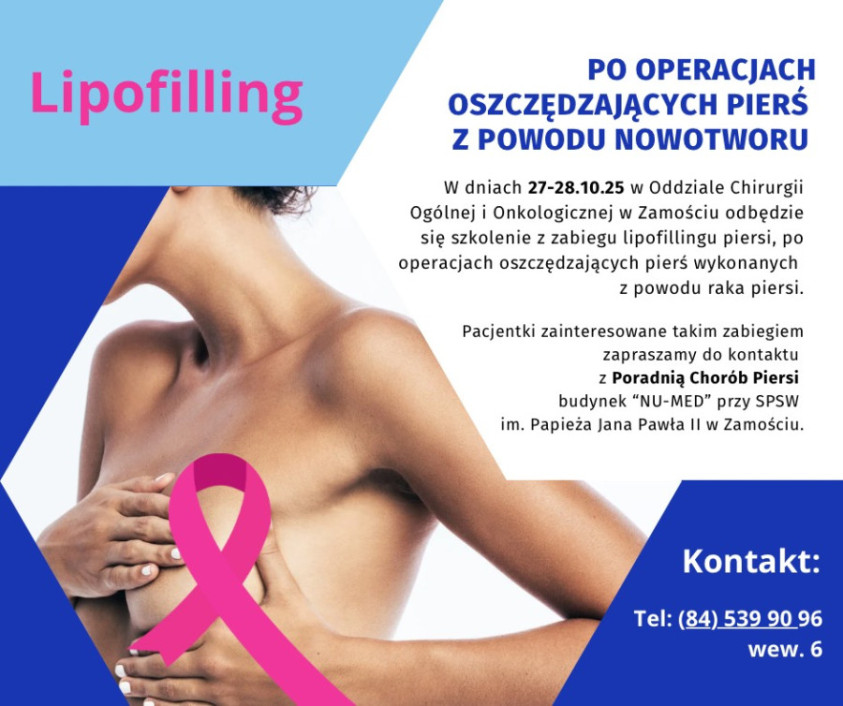 Ilustracja do artykułu: W dniach 27-28.10.25 w Oddziale Chirurgii Ogólnej i Onkologicznej w Zamościu odbędzie się szkolenie z zabiegu lipofillingu piersi 